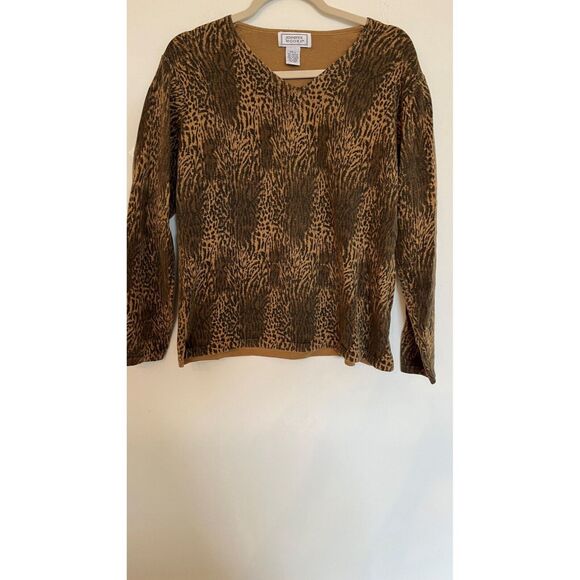 Vintage Jennifer Moore Womens L Cotton Animal Print V Neck Pull Over Sweater 80s - Picture 1 of 6